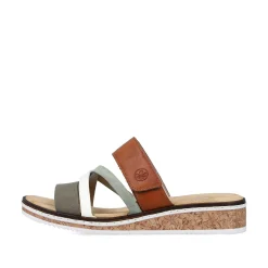Rieker Women'S Mules Olive Green-Brown-White