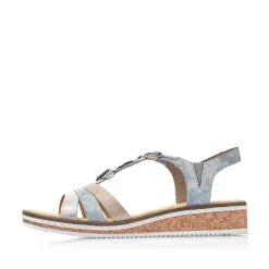 Rieker Women'S Wedge Sandals Sky Blue-Light Beige